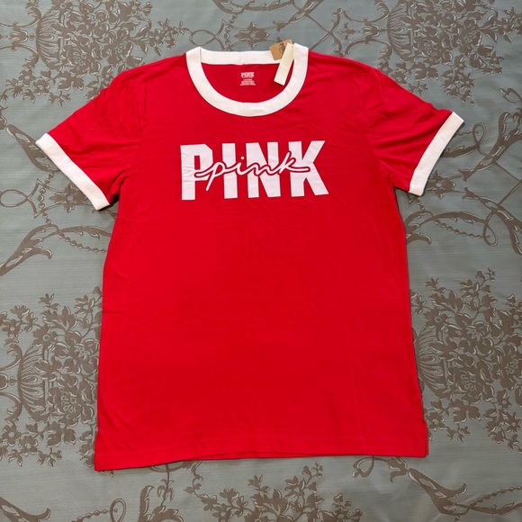 Victoria's Secret PINK Red White Short Sleeve Campus Ringer Tee Shirt Size Large - Picture 2 of 9